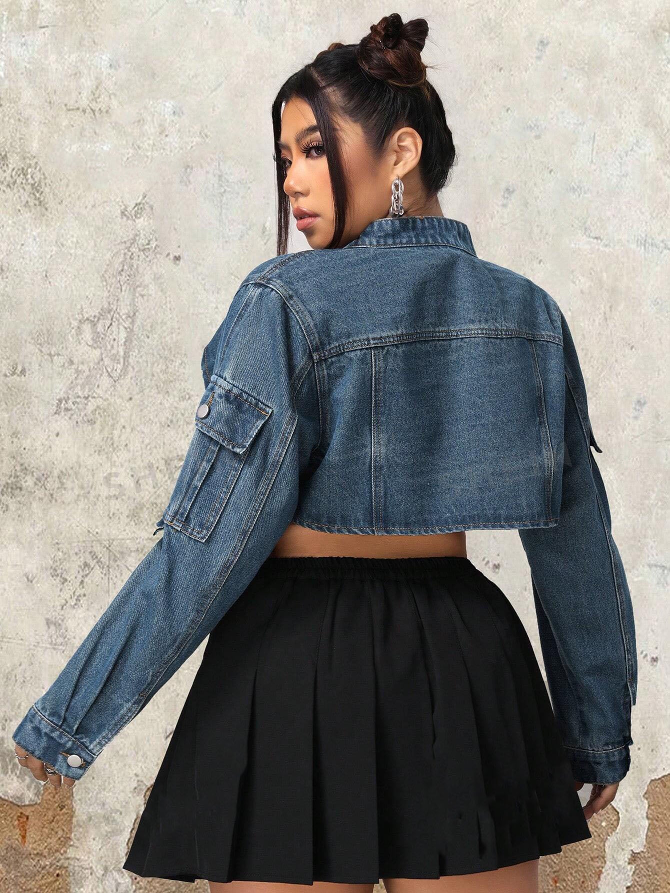 Plus Size Stand Collar Short Front Long Back Short Cut Workwear Denim Jacket