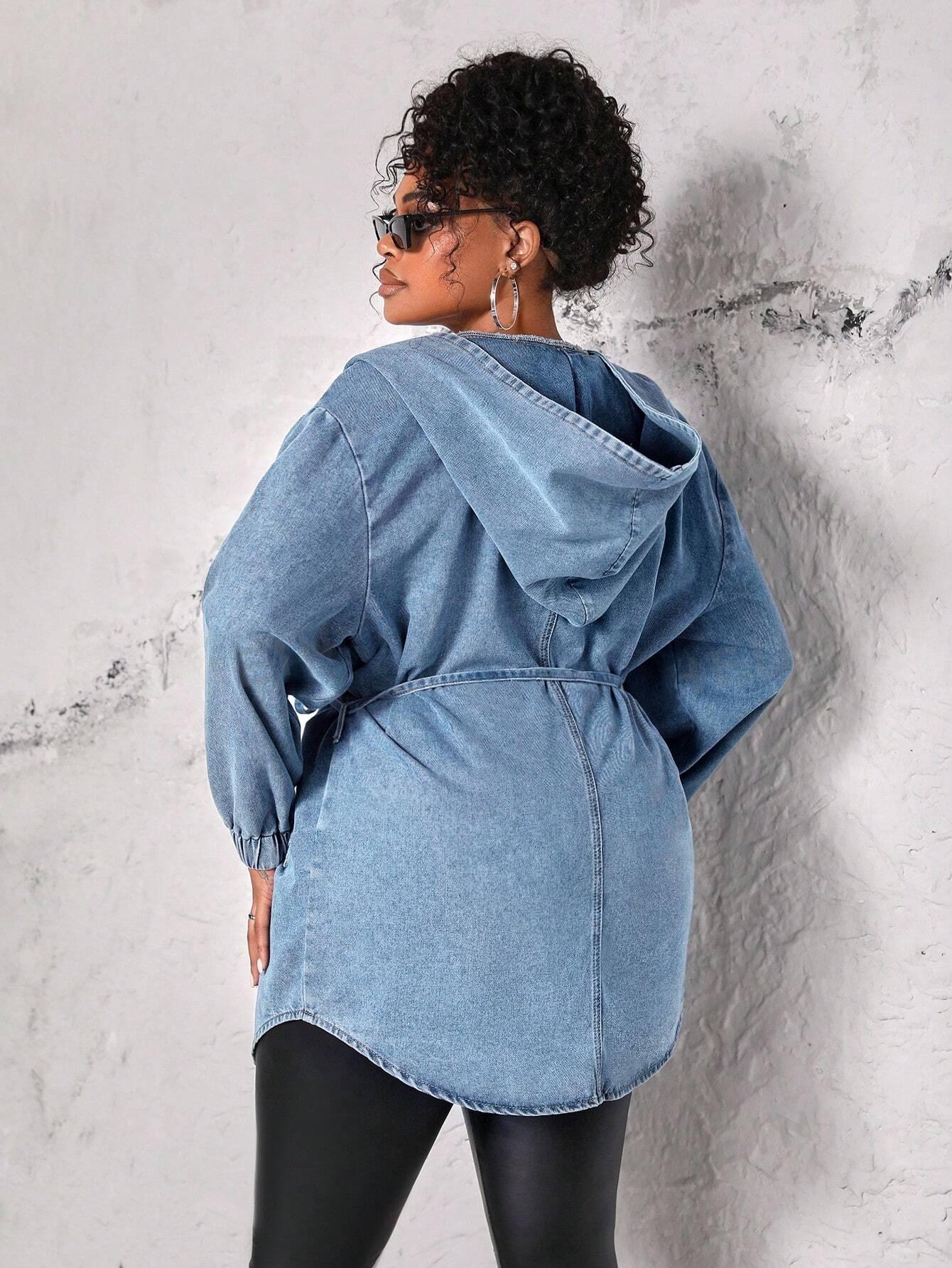 Plus Size Hooded Denim Jacket With Waist Belt