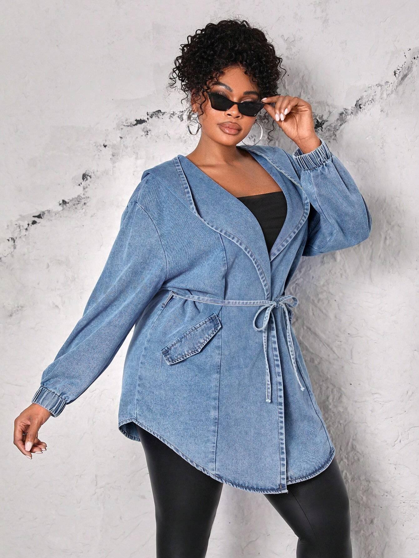 Plus Size Hooded Denim Jacket With Waist Belt