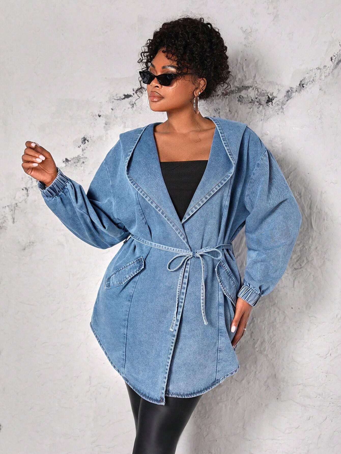 Plus Size Hooded Denim Jacket With Waist Belt