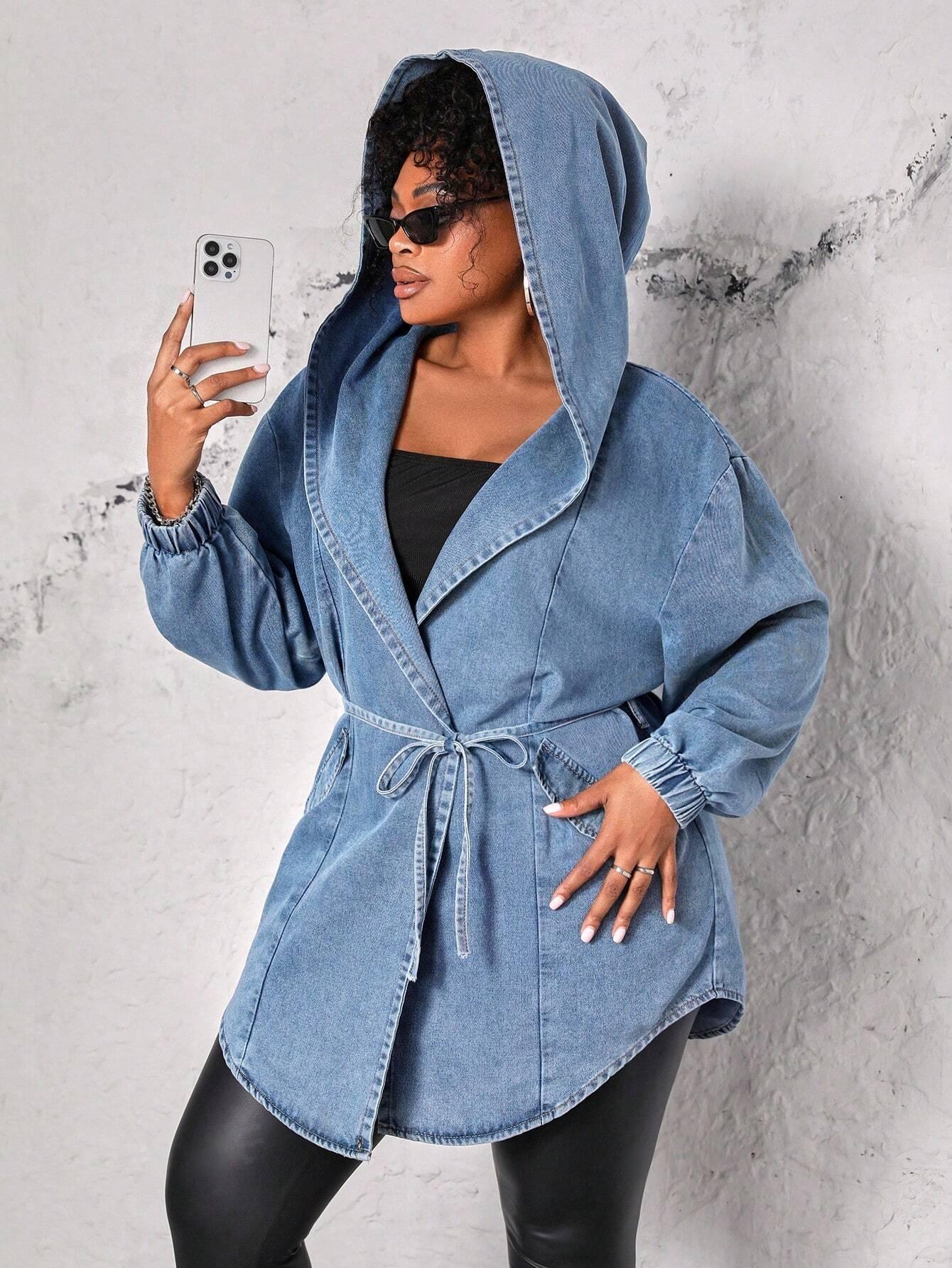 Plus Size Hooded Denim Jacket With Waist Belt