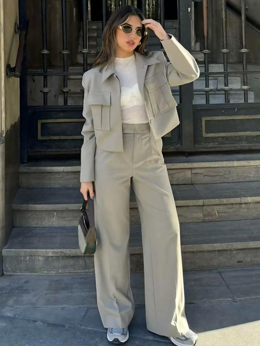 Women Simple Short Jacket And Casual Long Pants Set