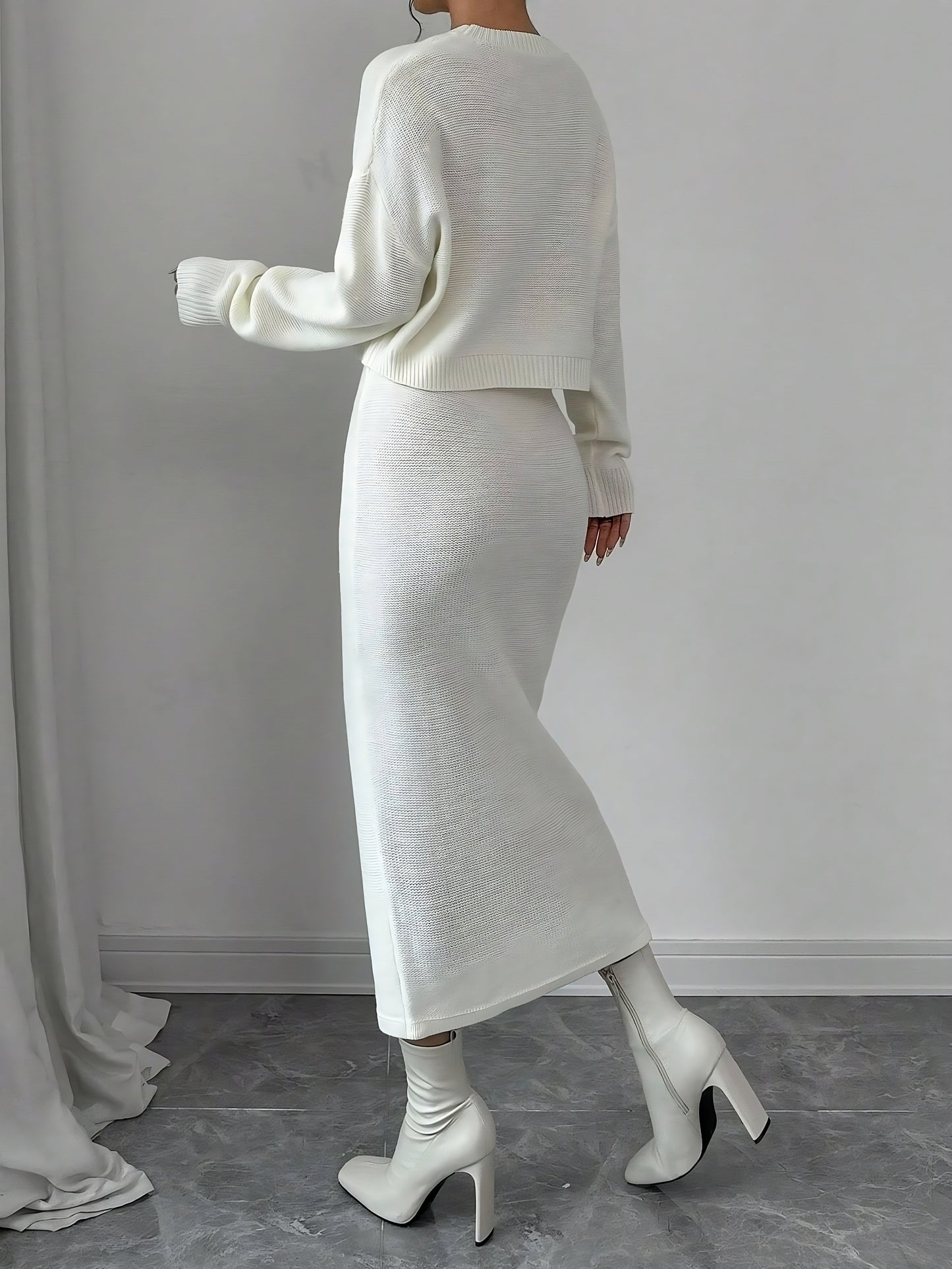 Women's Crew Neck Long Sleeve Sweater Top And Form-Fitting Midi Skirt