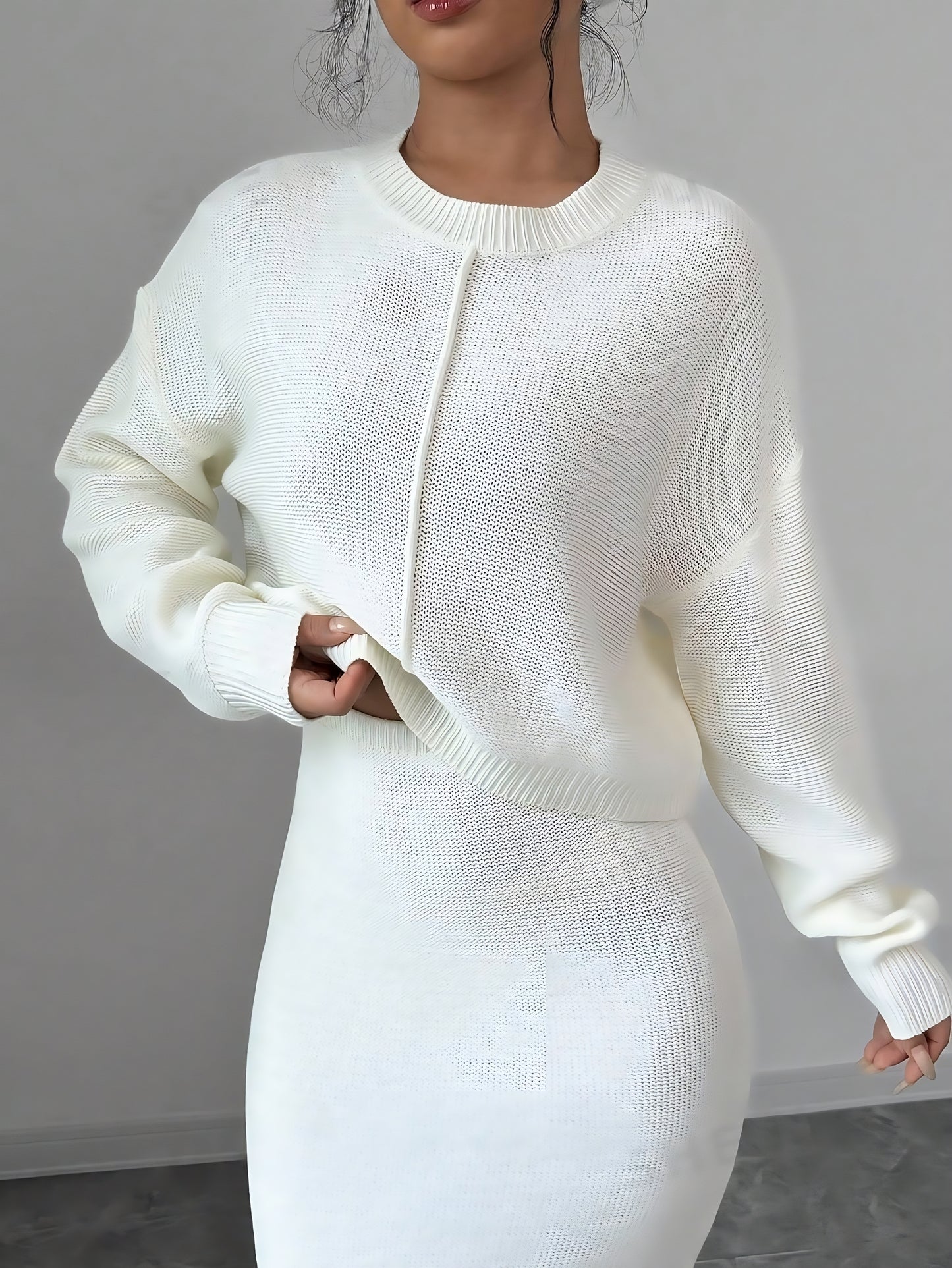 Women's Crew Neck Long Sleeve Sweater Top And Form-Fitting Midi Skirt