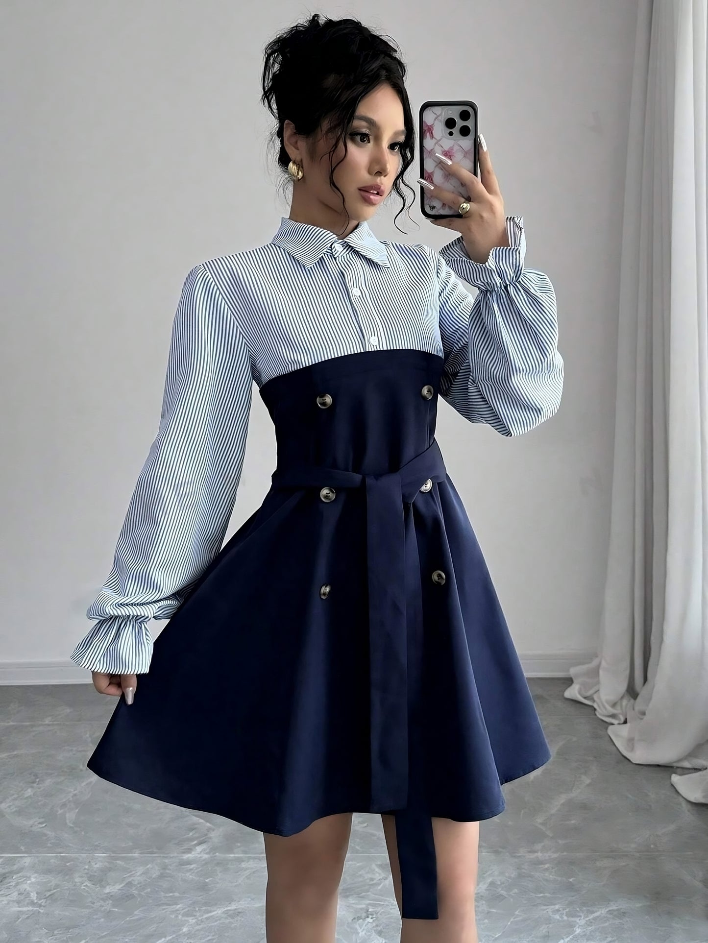 Women's Button Striped Long Sleeve Elegant Dress