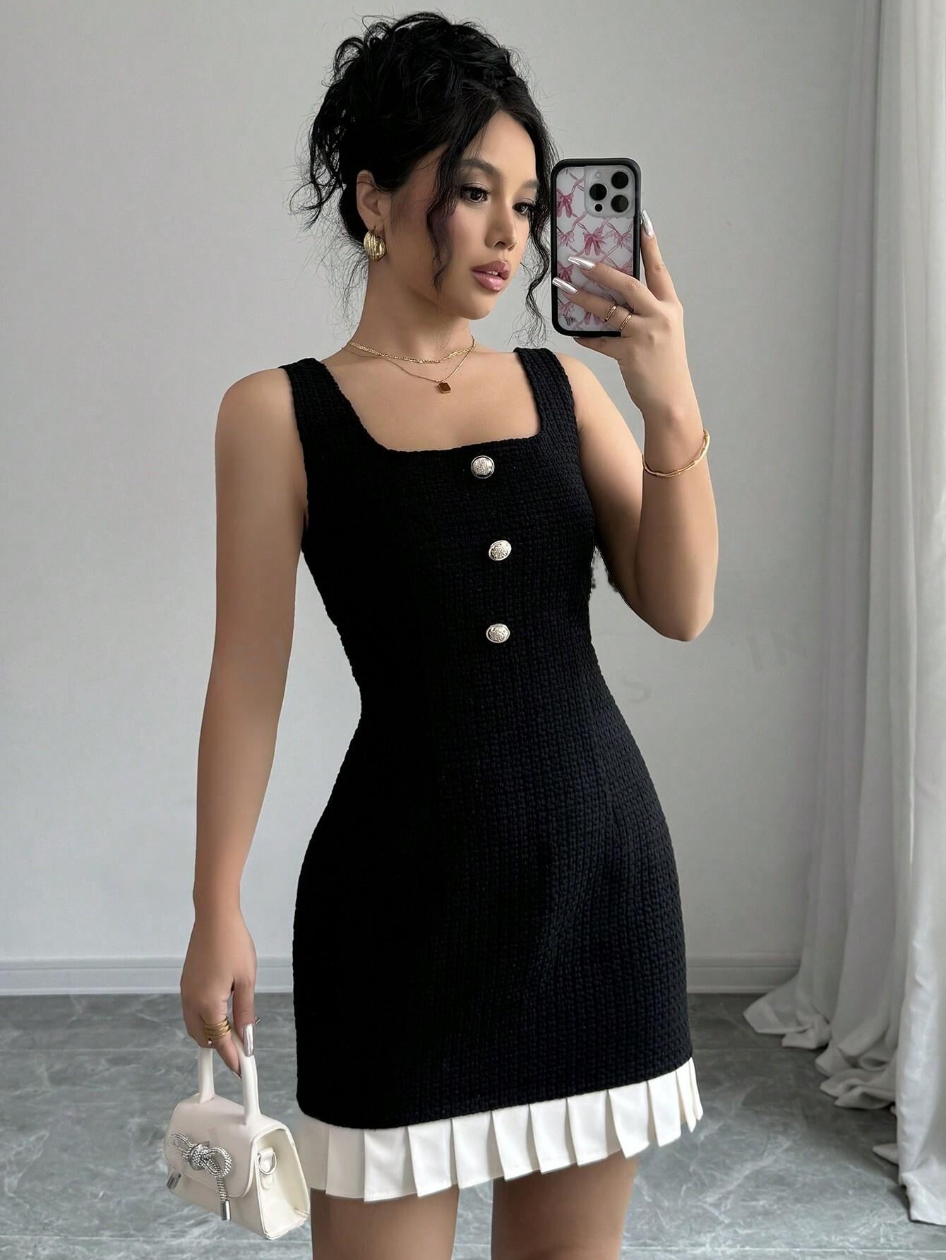 Women Black And White Patchwork Wide Strap Front Button Casual Dress