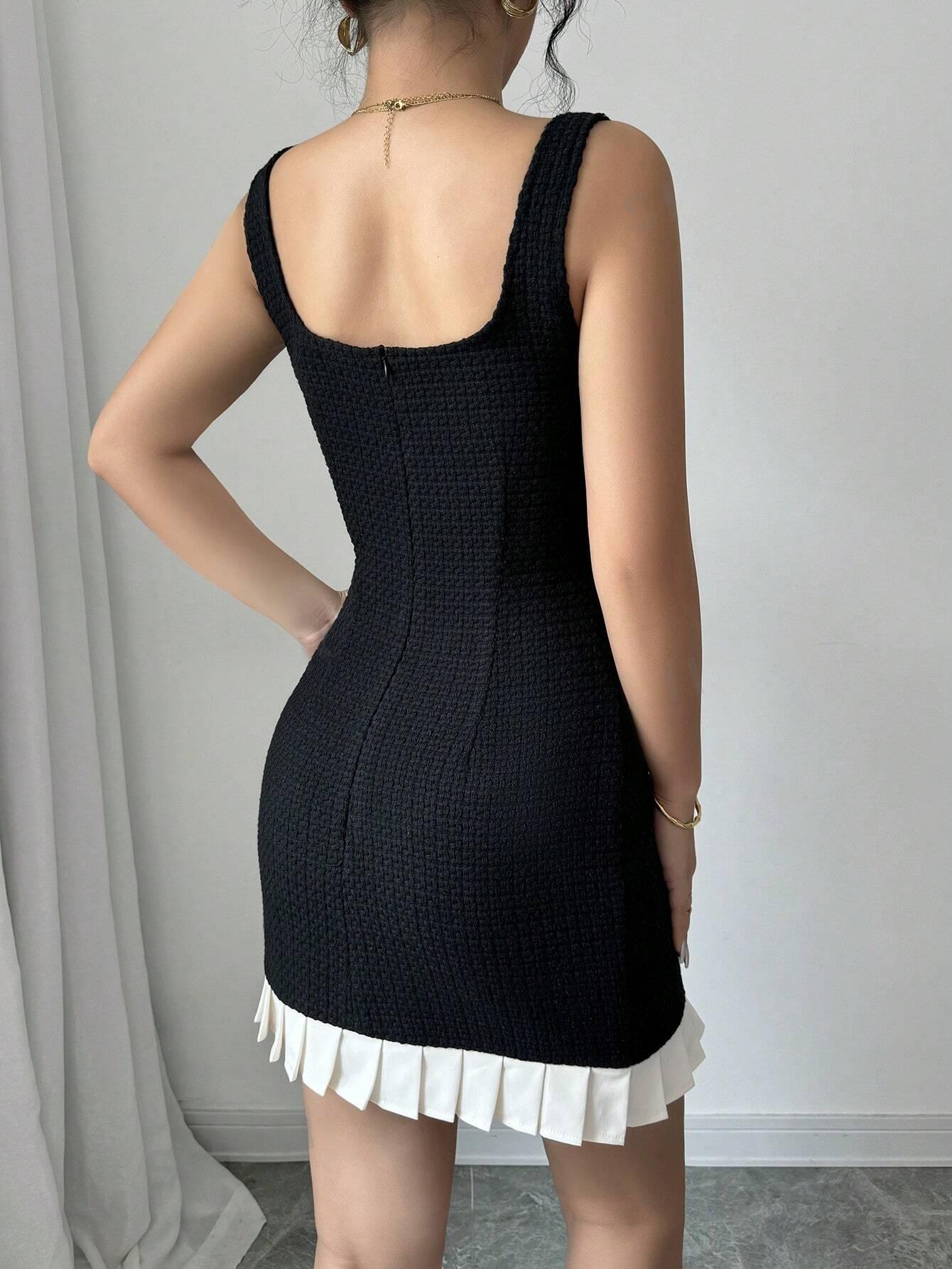 Women Black And White Patchwork Wide Strap Front Button Casual Dress