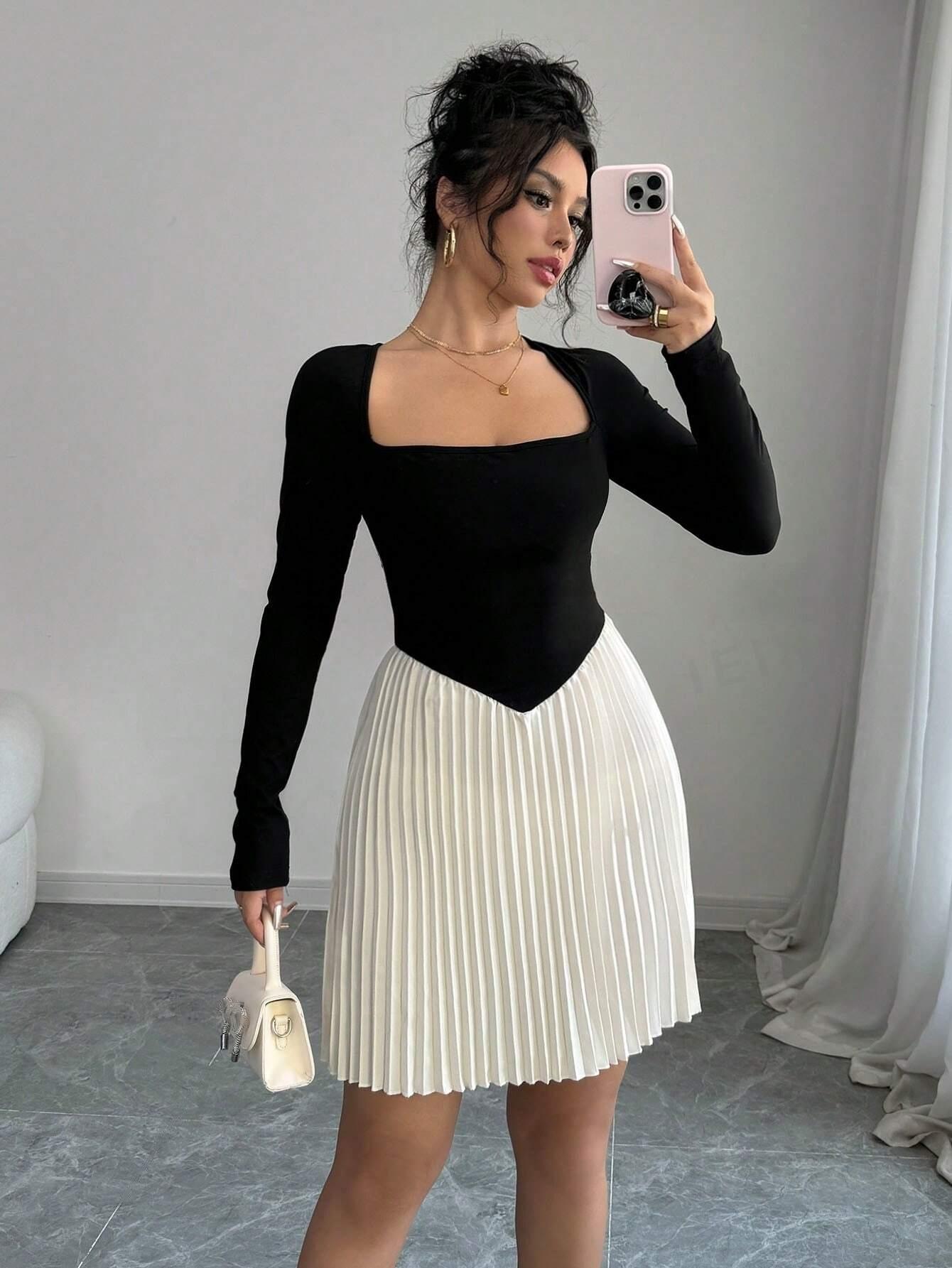 Women Contrast-Color Swan Neck Long Sleeve Dress