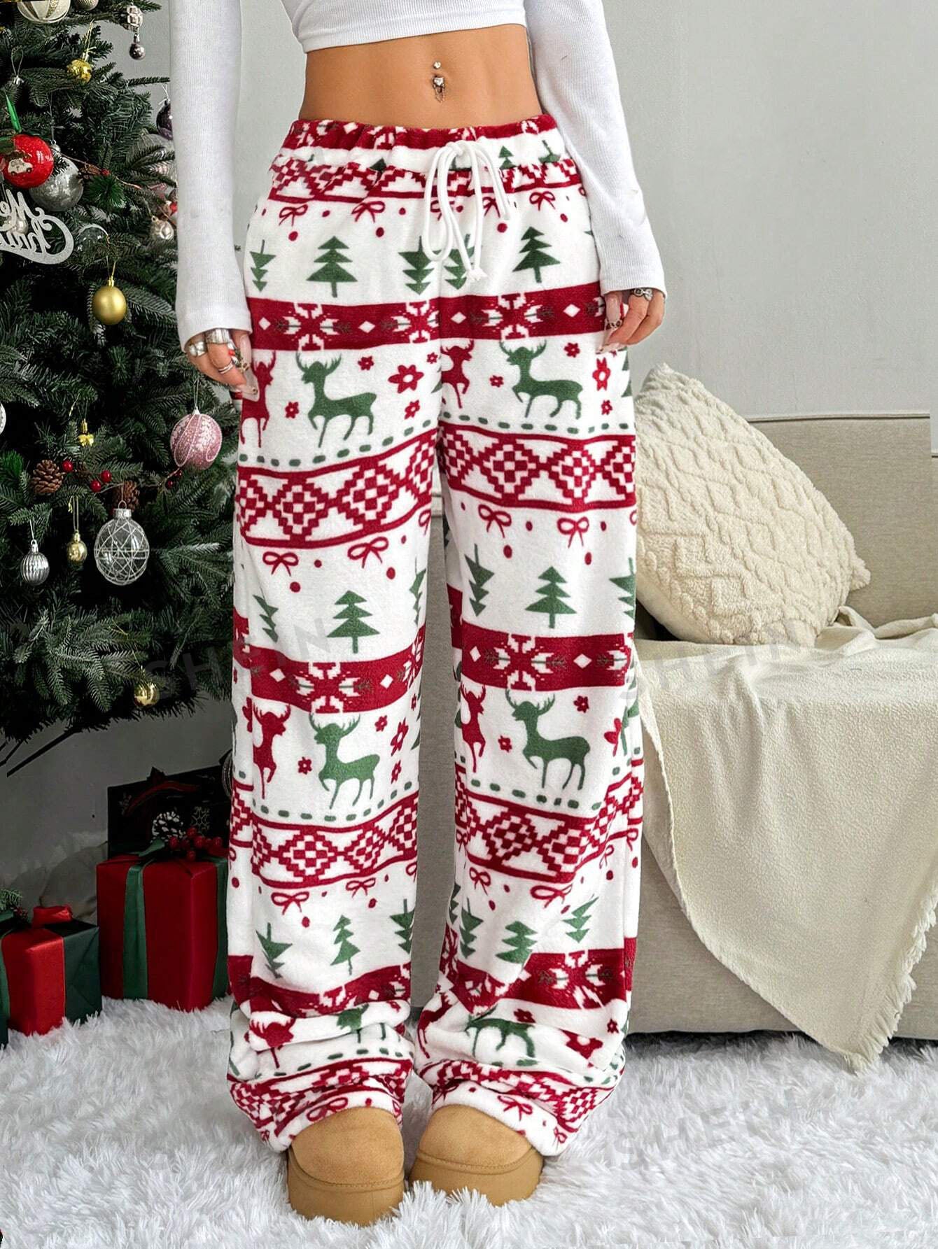 Christmas New Plush Graphic Print Pants